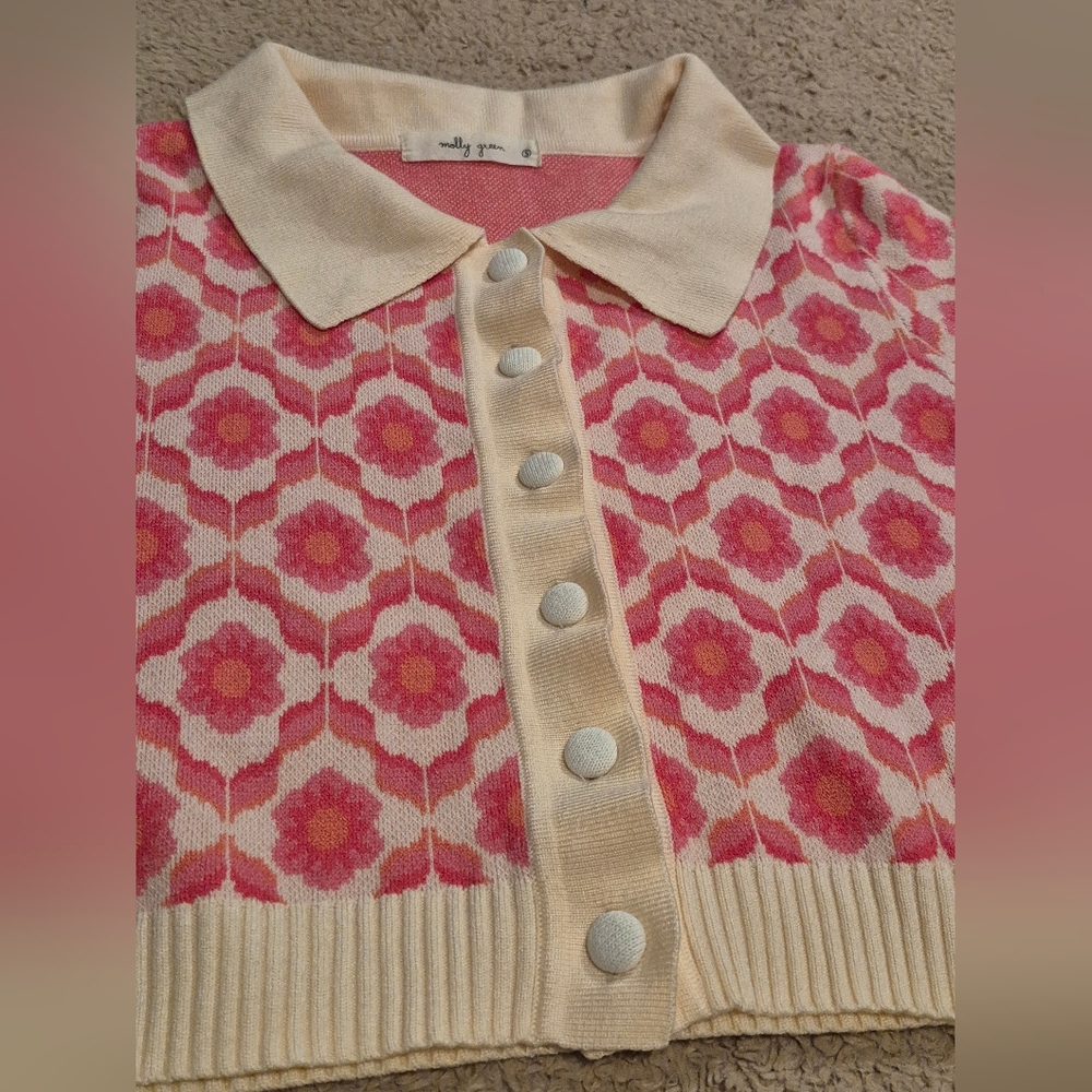 Molly Green 70's Retro Flower Cropped Cardigan XS-S EUC - Picture 5 of 11